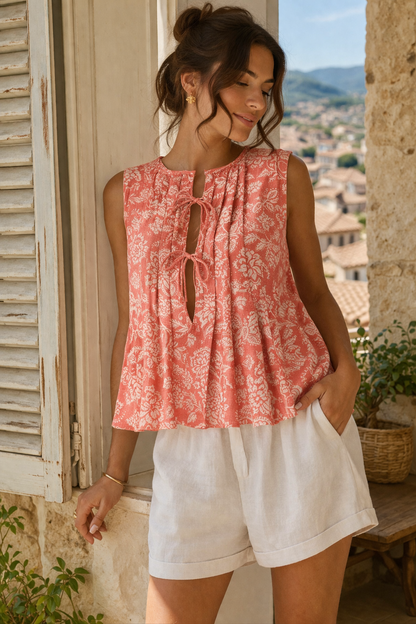 Woman wearing a pink patterned top and white shorts standing in a scenic outdoor setting.